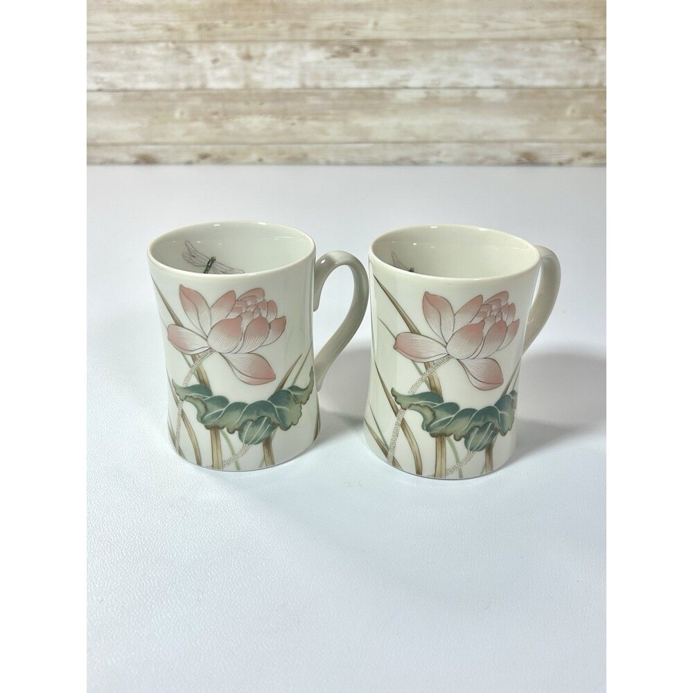 Fitz and Floyd Lotus Garden Coffee Tea Mugs Japan Porcelain Dragonfly 1980 2 pcs